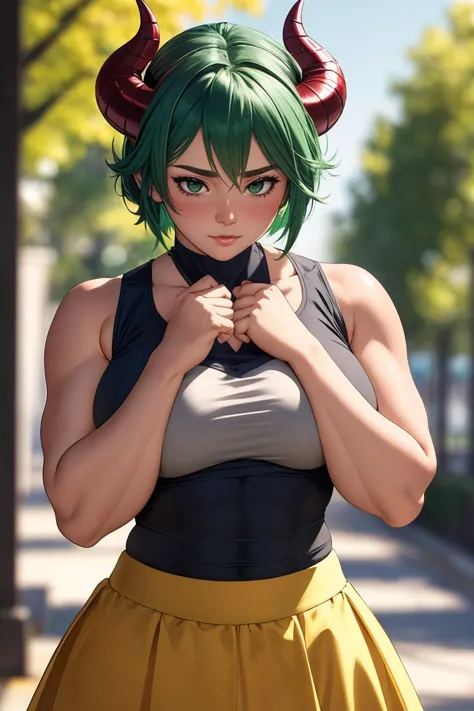 anime girl with green hair and horns posing for a picture