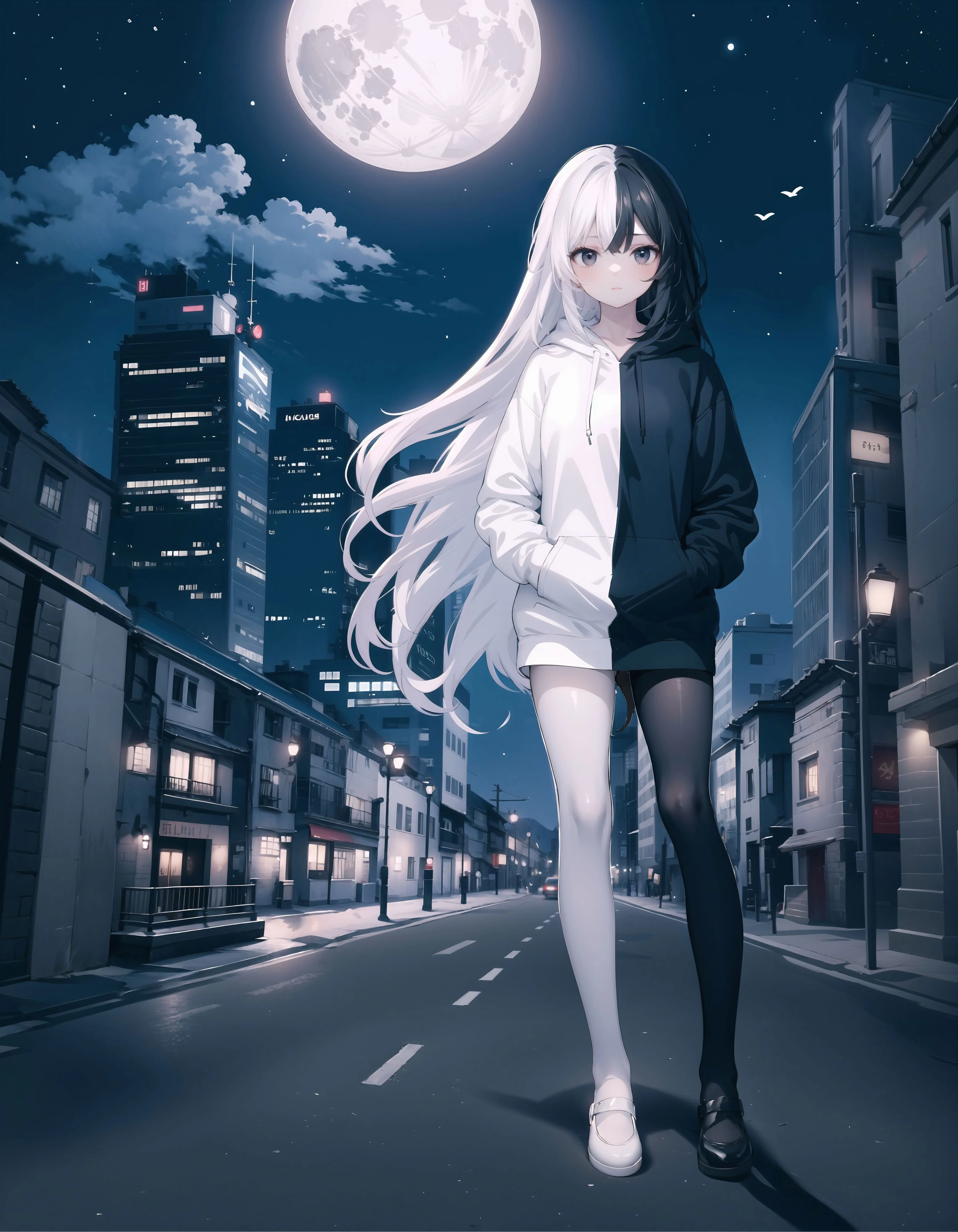best quality,masterpiece,1girl,teenage,full body,(black eyes:1.1),close-up,very long hair,straight hair,sidelocks,solo,hoodie,(split-color hair:1.2),(blackwhitepantyhose:0.8),hands in pockets,(looking at viewer:1.2),expressionless,BREAK night,full moon,cityscape,(mansion:1),(high building:1),(night sky:1.1),sky,starry sky,road,street,city lights,door,window,