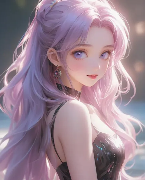 1girl, solo, blue eyes,very long hair, smile, looking at viewer,(full body:1.2), (purple|blue hair),breasts, lips, bangs, nose, closed mouth, medium breasts, realistic, simple background,(realistic:1.5),masterpiece, Extremely detailed CG unity 8k wallpaper, best quality, highres:1.2),(ultra_detailed, UHD:1.2),(pixiv:1.3),perfect illumination,distinct,unreal engine,sidelighting,perfect face,detailed face,beautiful eyes,pretty face,(bright skin:1.3),idol,ulzzang-6500-v1.1,soft smile,(simple background),(depth of field),(ringed eyes:1.4), (holo,holographic hair,holographic body),water, holo water, glass skin, glass,