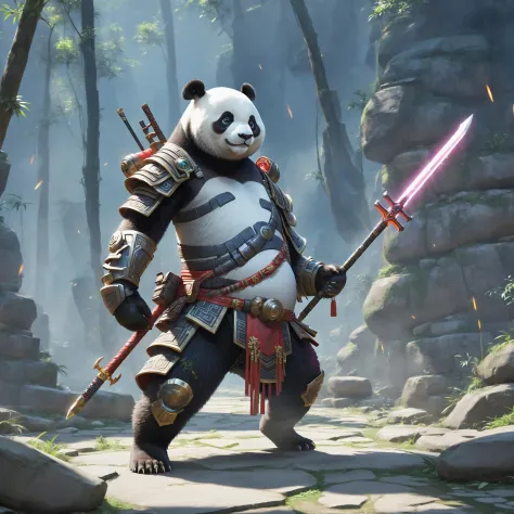 even,Panda,No human,Animal,Ditu,Totem,looking at viewer,take a weapon in one hand,holding weapon,standing, full body,solo,MG xio...