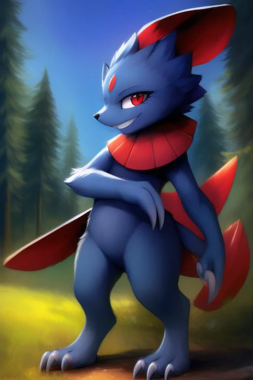 standing, ccowboy shot, claws, front view, (side_view:0.3), looking at viewer, (shortstack), eyelashes, smug look, summer forest, 
Pokemon, Weavile, red eyes, (bluish fur), (collar:0.7), (anthro_female:0.7), grin, naughty, body fur, fluffy, 
 best quality, high quality,
 einshelm,, (high quality:1.2), masterpiece, detailed, highres, 4k, sharp focus, detailed face