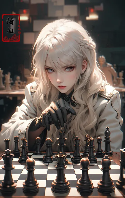 masterpiece, best quality, 32k uhd, insane details, intricate details, hyperdetailed, hyper quality, high detail, ultra detailed, Masterpiece, blurry backgrounddepth of field(wide shot, wide-angle lens,Panoramic:1.2),super vista, super wide AngleLow Angle shooting, super wide lens,
1girlsolo(chess piece:1.4)A mature facesideways glance, (cold attitude,eyeshadow,eyeliner:0.5),watery eyes,mole under eyeBlack gloveswhite hair
jewelry earringschokercleavageeyes with light,
