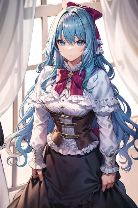 masterpiece, best quality, liselottecretia, standing, long hair, wavy hair, bangs, blue eyes, blue hair, hair bow, red bow, fril...