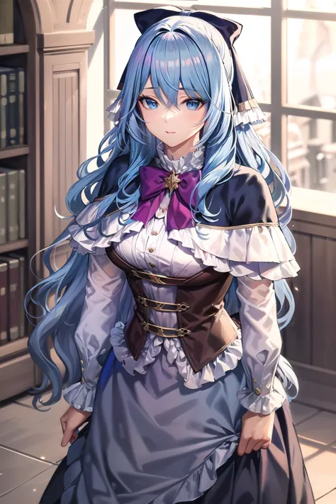 masterpiece, best quality, LiselotteCretia, standing, long hair, wavy hair, bangs, blue eyes, blue hair, hair bow, frills, white capelet, pleated skirt, shirt, corset <lora:LiselotteCretia6:0.7>