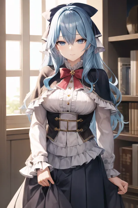 masterpiece, best quality, LiselotteCretia, long hair, wavy hair, blue eyes, blue hair, frills, bow, red bow, hair ribbon, capelet, pleated skirt, shirt <lora:LiselotteCretia3:0.7>