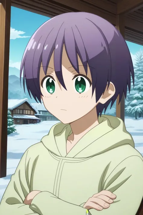 a woman with purple hair and green eyes standing in front of a snowy landscape