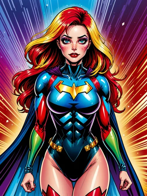 a woman in a superhero costume standing in front of a colorful background