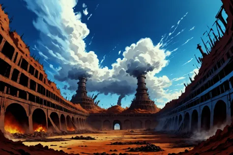 anime scene of a ruined city with a huge tower in the distance