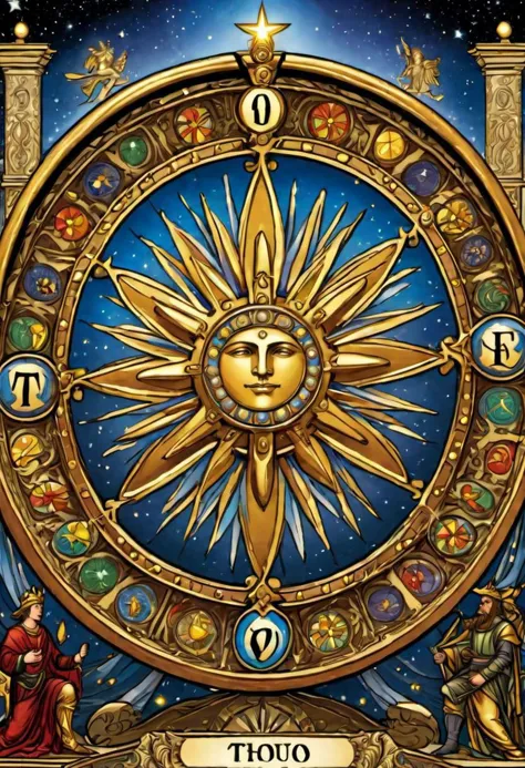 solo focus, masterpiece, award winning illustration of the wheel of fortune, tarot card, extremely detailed, highly detailed por...