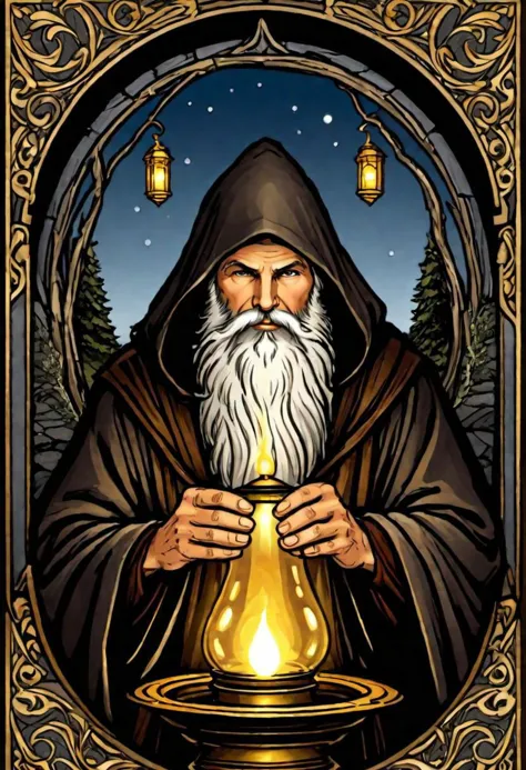 solo focus, masterpiece, award winning illustration of the hermit (old, lantern) tarot card, extremely detailed, highly detailed...