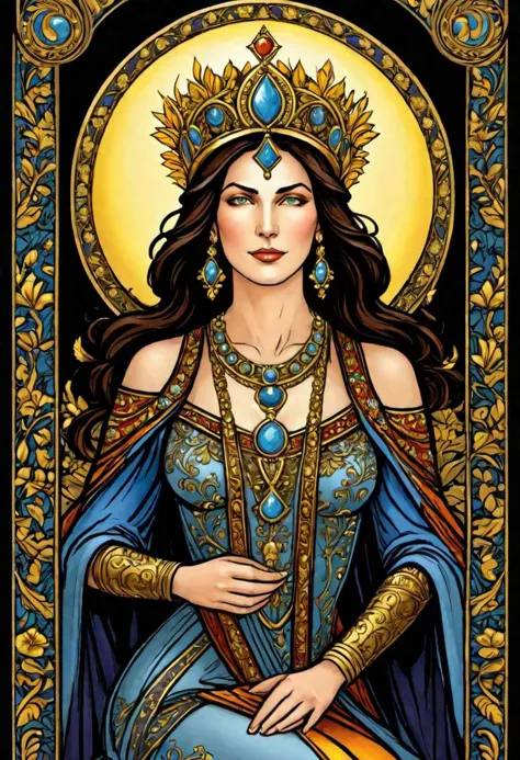 solo focus, masterpiece, award winning illustration of the empress, tarot card, extremely detailed, highly detailed portrait
