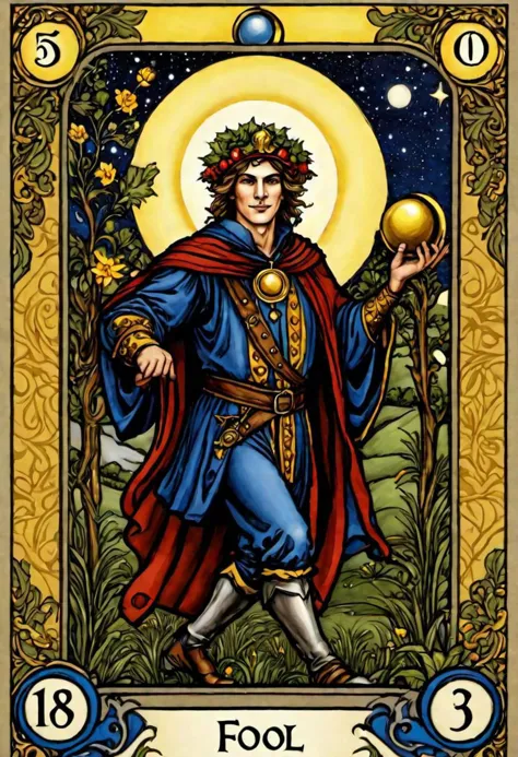 a tarot card with a man holding a ball and a wreath