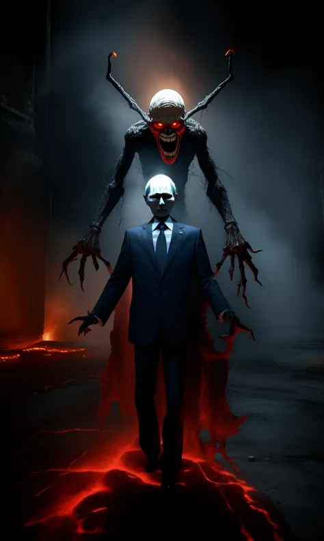 a man in a suit and tie standing in front of a demonic creature