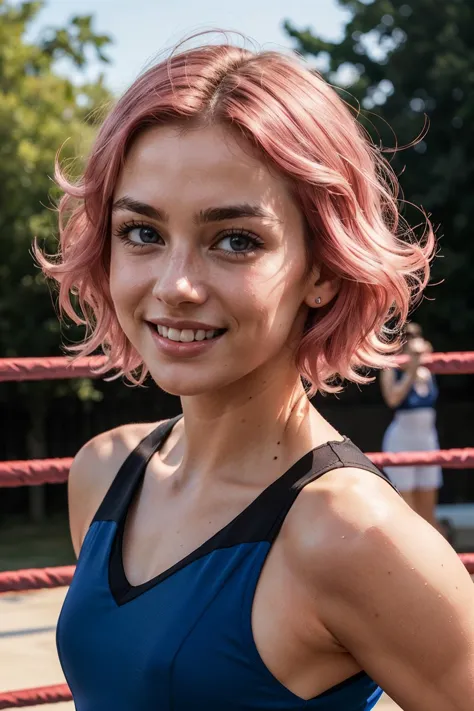 maylene,band-aid on nose,short pink hair, pink eyes, blue tank top, looking at viewer, smiling, close up portrait, outside, wresting ring, bright lighting,  high quality, masterpiece,  