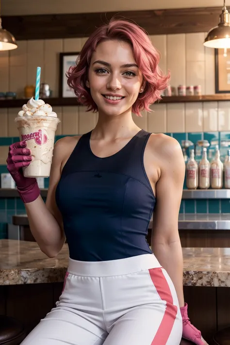 Maylene,band-aid no nariz,cabelo rosa curto, Olhos rosa,  top azul, calça branca, luvas sem dedos,  Olhando para o visualizador,sorridente, feliz, sentado, no banquinho dentro da sorveteria, segurando um grande milkshake gelado, ambiente lúdico, alta qualidade, obra de arte,  