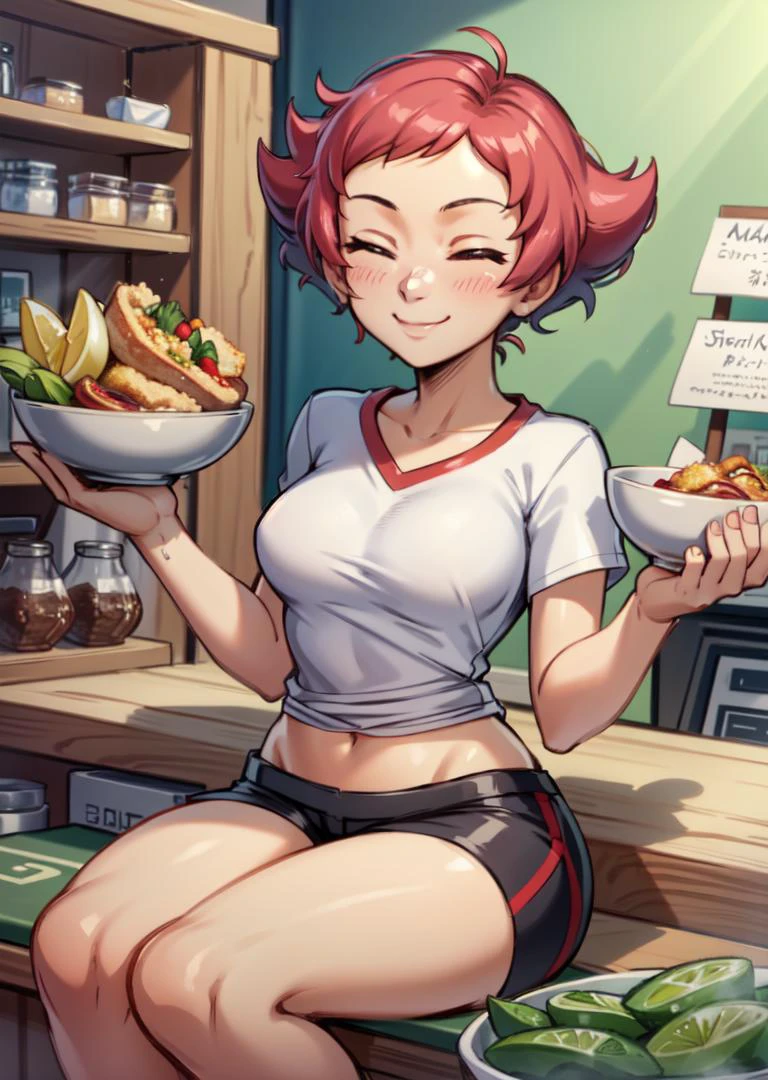 masterpiece, best quality, maylene, white shirt, shorts, sitting behind a counter, bowls of food, smile, closed mouth, closed eyes 