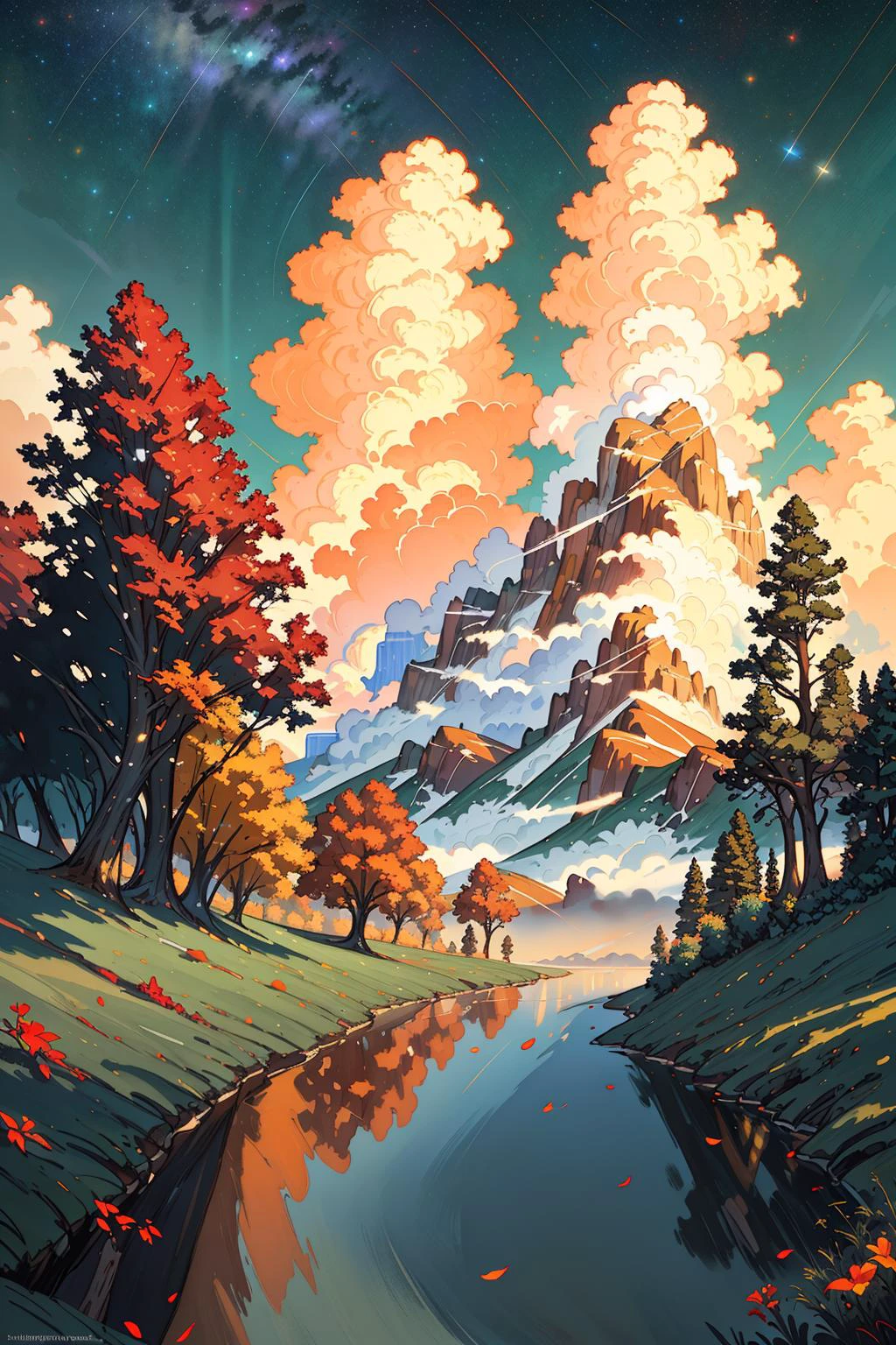 painting by sargent and rhads and leyendecker and greg hildebrandt evening sky, low thunder clouds foothpath with trees at indian summer with zugspitze fitz roy in background, colours green, red, blue black and white, acuarela