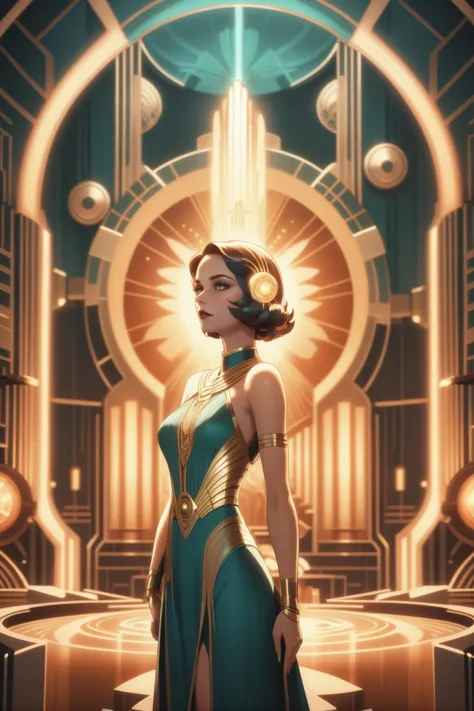 fantasia art déco, classificação de cores cinematográfica, 1 garota, mulher, lindo, interior bem iluminado, em uma usina de fusão nuclear Crowcore