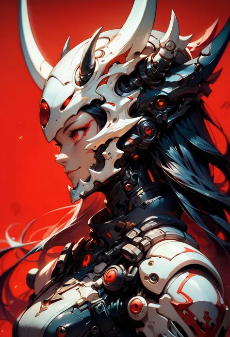 (score_9, score_8_up, score_7_up), zPDXL, 1girl, solo, long hair, smile, black hair, red eyes, closed mouth, upper body, horns, armor, from side, profile, mask, helmet, letterboxed, portrait, red background, science fiction, android, fake horns, looking ahead
