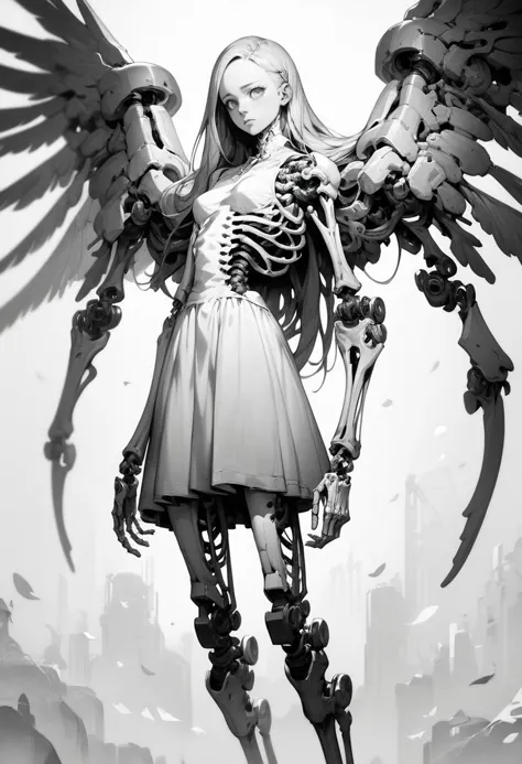 (score_9, score_8_up, score_7_up), zPDXL, 1girl, solo, long hair, looking at viewer, skirt, dress, closed mouth, standing, monochrome, greyscale, wings, feathered wings, android, joints, mechanical arms, cyborg, ribs, skeleton, mechanical parts, mechanical legs, spine
