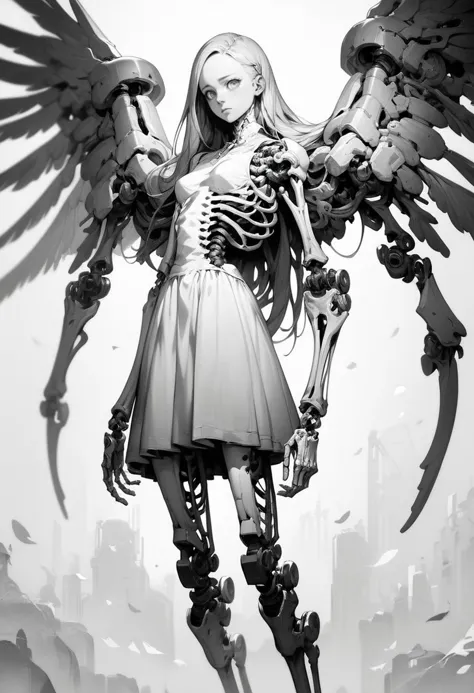 a black and white photo of a woman with a skeleton and wings