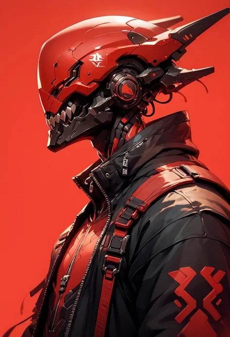 (score_9, score_8_up), score_7_up, zPDXL, solo, simple background, 1boy, jacket, upper body, male focus, from side, black jacket, no humans, profile, helmet, robot, black and red theme, 1other, zipper, science fiction, red background, leather, cyborg, cyberpunk, humanoid robot
