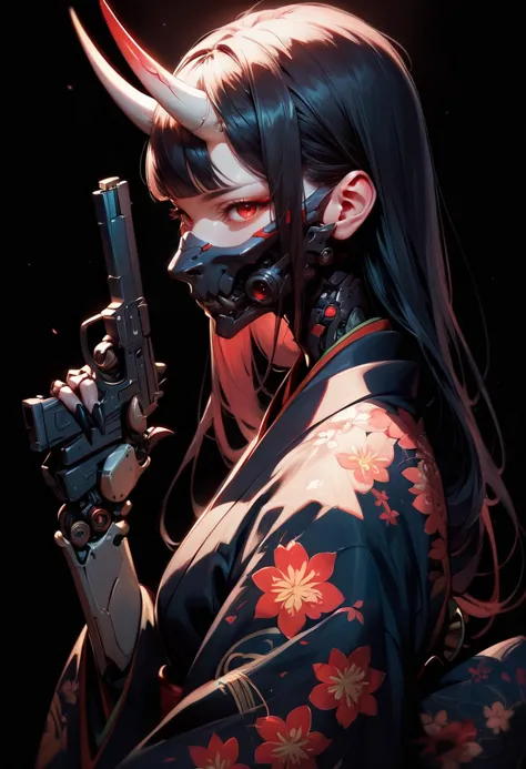 (score_9, score_8_up, score_7_up), zPDXL, 1girl, solo, looking at viewer, simple background, closed mouth, red eyes, upper body, long hair, black hair, japanese clothes, horns, kimono, holding pistol, gun, floral print, black background,  black mecha oni horns, mouth mask, black kimono, print kimono, blunt bangs, dark aura, black claws, black mechanical arms, side view
<lora:BioPunky:0.8>