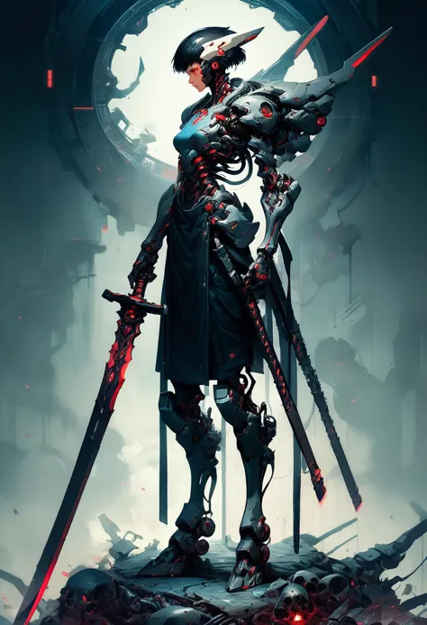 (score_9, score_8_up, score_7_up), zPDXL, 1girl, solo, short hair, black hair, red eyes, holding, standing, full body, weapon, sword, holding weapon, armor, profile, headgear, holding sword, robot, mecha, science fiction, cyborg, skeleton, cyberpunk, spine
