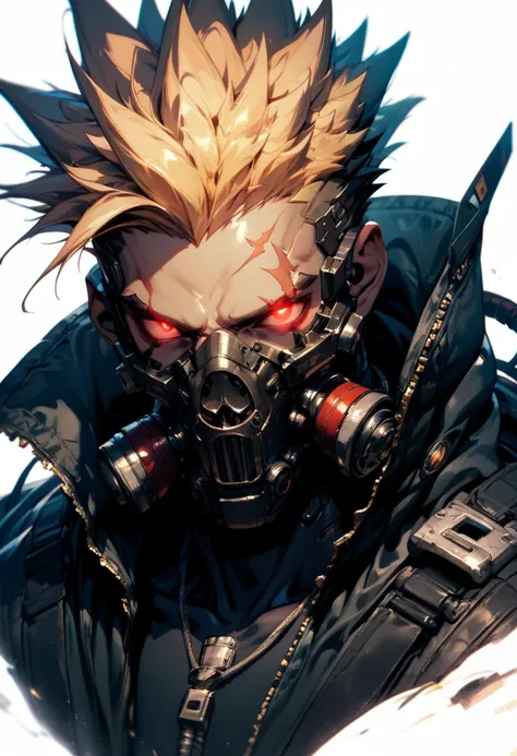 (score_9, score_8_up, score_7_up), zPDXL, solo, looking at viewer, blonde hair, simple background, red eyes, 1boy, white background, jacket, upper body, male focus, black jacket, mask, glowing, scar, spiked hair, glowing eyes, scar on face, zipper, colored sclera, scar across eye, cable, glowing eye, cyborg, gas mask, tube
