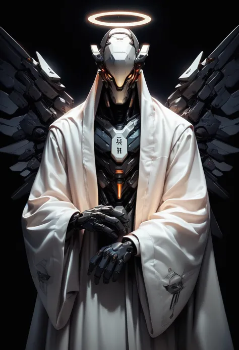 (score_9, score_8_up, score_7_up), zPDXL, 1man, 3 others, hands out, unholy, priest, mecha wings, award winning, looking at viewer, no humans, glowing, halo, robot, black background, mecha, glowing eyes, science fiction, robe, humanoid robot
