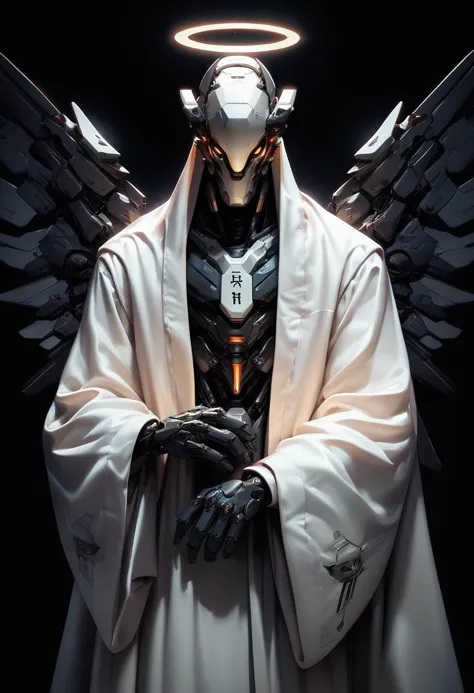 (score_9, score_8_up, score_7_up), zPDXL, 1man, 3 others, hands out, unholy, priest, mecha wings, award winning, looking at viewer, no humans, glowing, halo, robot, black background, mecha, glowing eyes, science fiction, robe, humanoid robot
<lora:BioPunky:0.8>