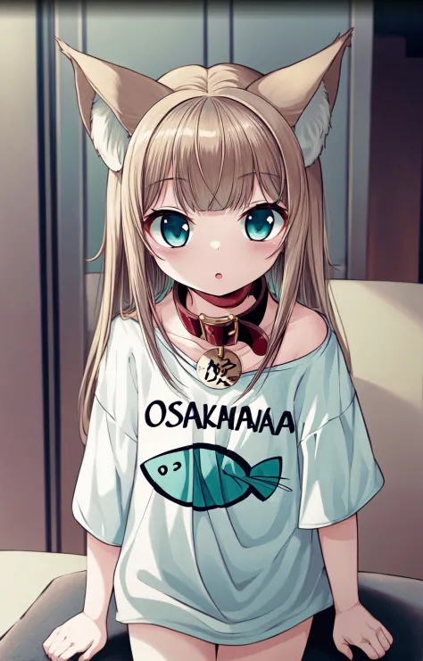 masterpiece,best quality, 1girl,solo,a little girl with a shirt that says osakakana , cat ears, aqua_eyes, blond hair, clothes_w...