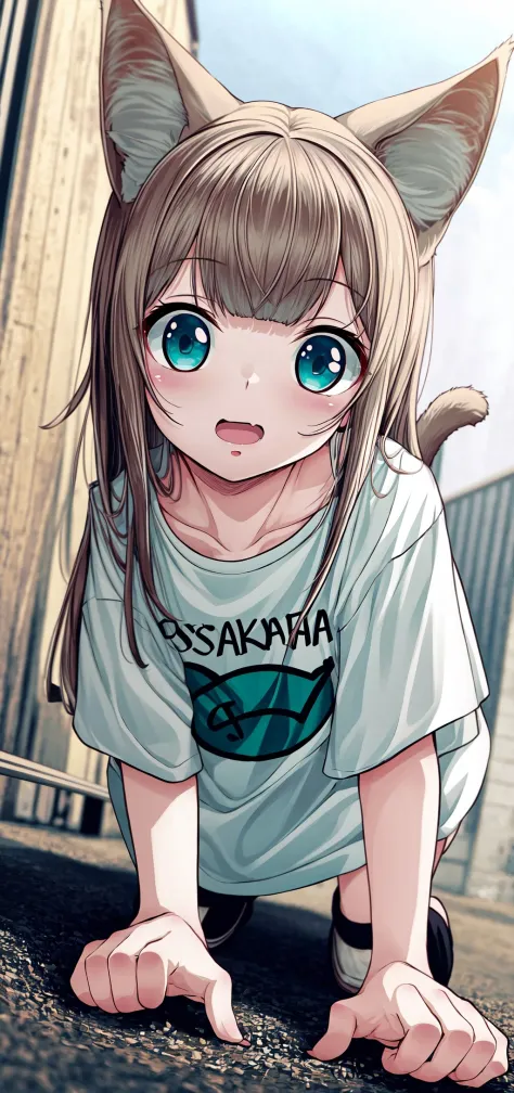 masterpiece,best quality, 1girl,solo, outdoor, a little girl with a shirt that says osakakana, cat ears, aqua_eyes, crawling tow...