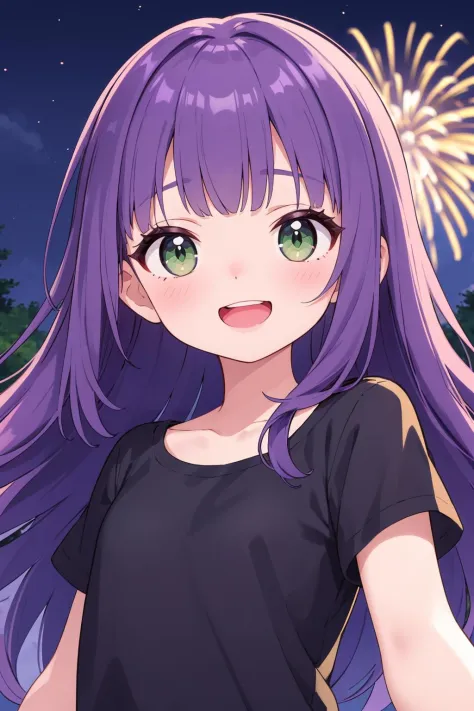 (masterpiece), best quality, expressive eyes, perfect face, solo, petite, 
long hair, wavy hair, blunt bangs, purple hair, green eyes, flat chest, black t-shirt, smile, open mouth, short sleeves, 
forest, night, fireworks,