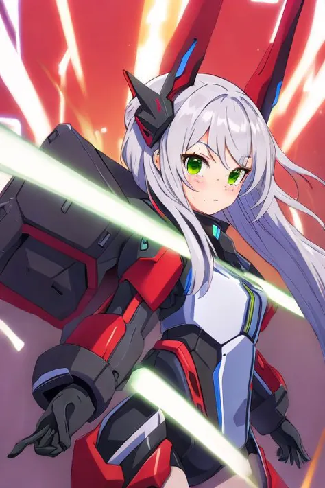 masterpiece, best quality, mecha girl, black mechasuit, long silver hair, sensual face, fighting stance, few small freckles, green  eyes