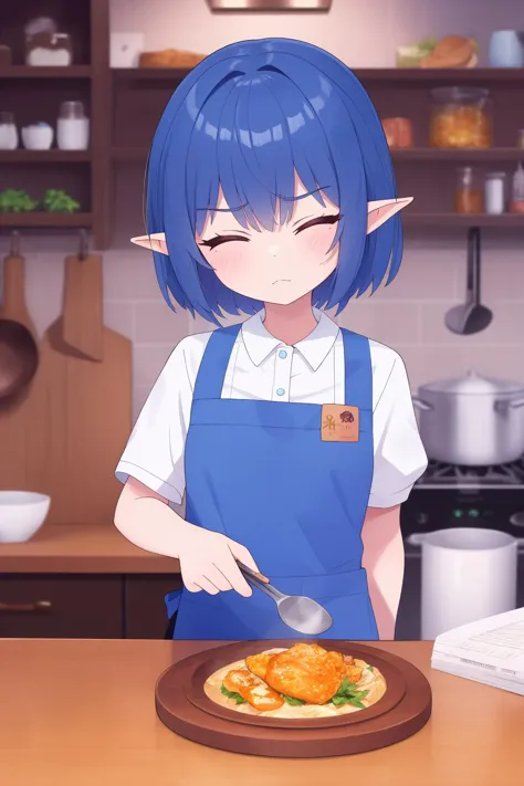 anime girl in blue apron preparing a pizza in the kitchen