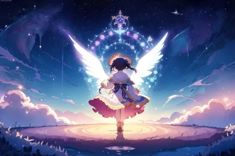 a girl with wings flying over a field at night