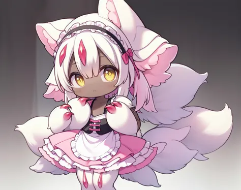 faputa looking at viewer, 4arms, curious expression, yellow eyes, ears down, white eyelashes, faputail, top arms out, fapuclaws, fapuhooves, bottom arms out, legs together, holding skirt, simple background, white background, dress, bow, closed mouth, standing, full body, hairband, frills, alternate costume, looking back, from behind, apron, from side, frilled dress, bright pupils, furry, frilled apron, purple bow, back bow, frilled hairband digital illustration, <lora:Faputa:1>