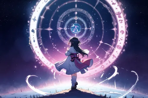 a girl standing on top of a hill looking at a star