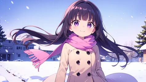 anime girl in winter clothes sitting in snow with pink scarf