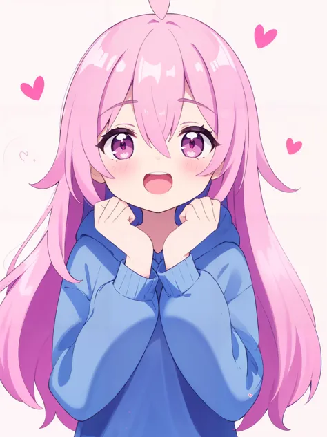 1girl, long hair, hair between eyes, sidelocks, light pink hair, pink eyes, open mouth, upper teeth, hands on own cheeks, upper body, hearts, simple background, white background, blush, happy, looking to the side, hoodie,