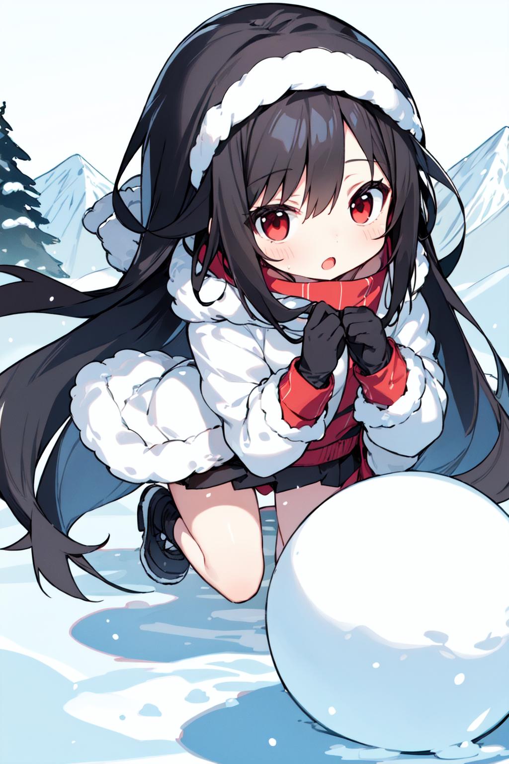 Anime girl in winter clothes kneeling next to a snow ball - SeaArt AI