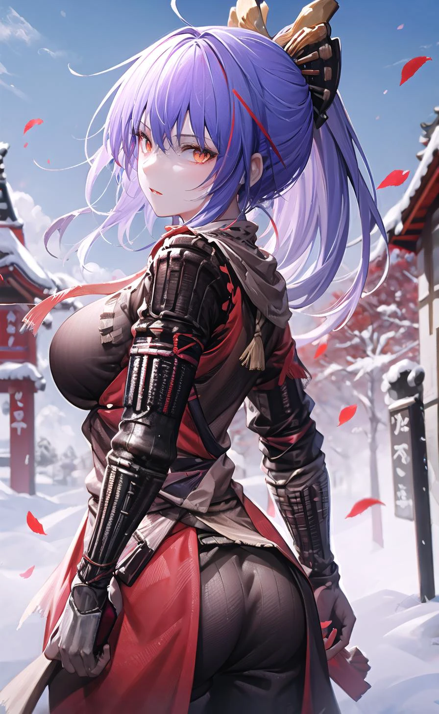 origin, 1girl, pale skin, solo,(outfit sekiro), from behind, breasts, looking at viewer, outdoors, sky, temple, back, looking back, day, large breasts
