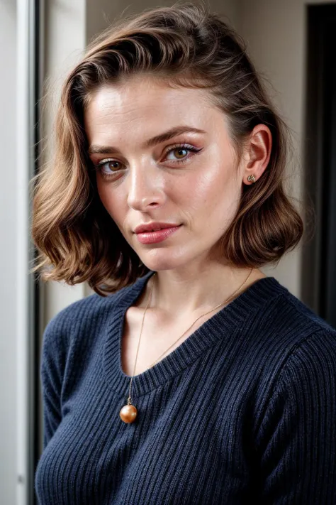 a close up of a woman with a necklace on her neck