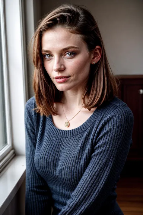 a close up of a woman sitting by a window with a necklace on