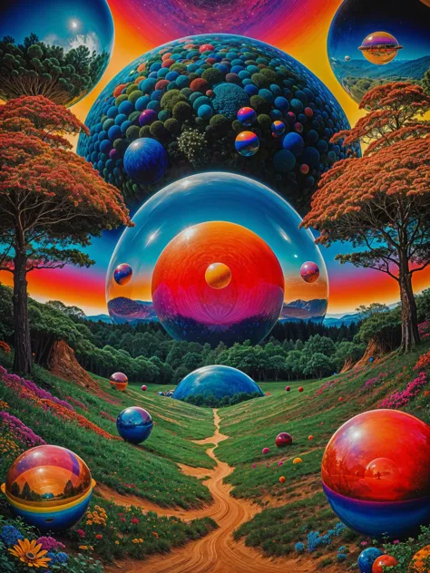 a painting of a colorful landscape with planets and trees