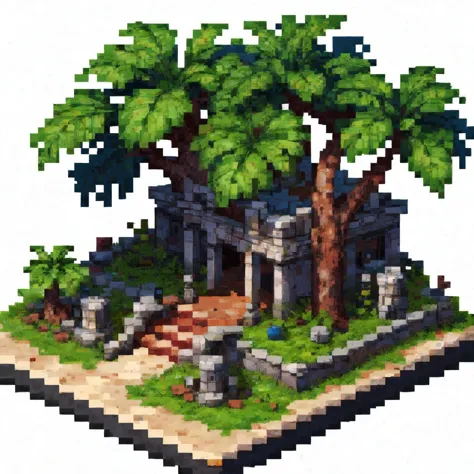 a pixel art of a small island with a tree and a gate