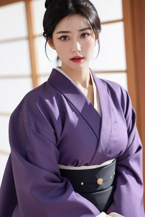 a woman in a purple kimono is posing for a picture