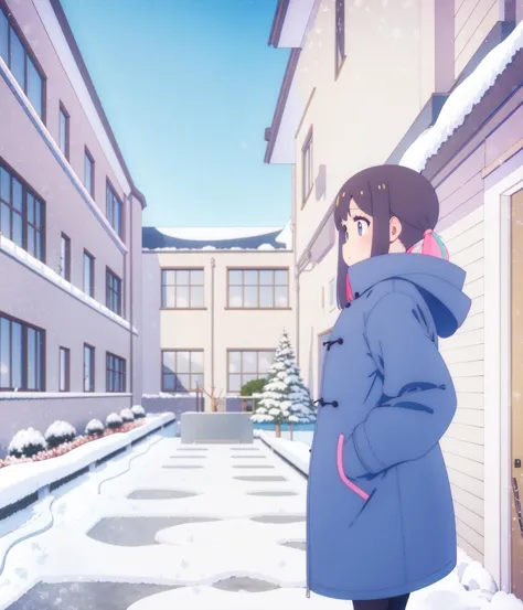 anime girl in blue coat standing in snowy alley with buildings in background