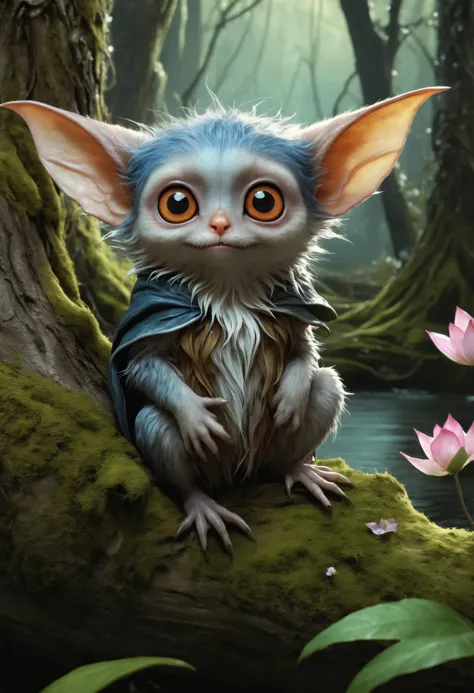 a painting of a small animal sitting on a tree branch